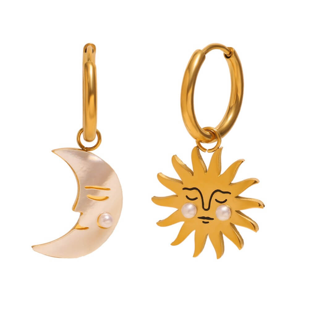 Asymmetric Sun and Moon Huggie Hoop Earrings