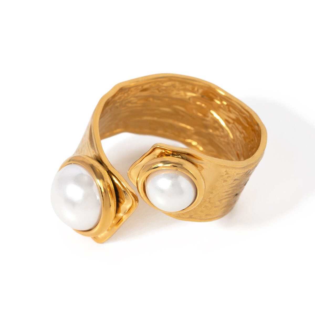 Hammered Pearl Open Ring - 18K Gold Plated Stainless Steel