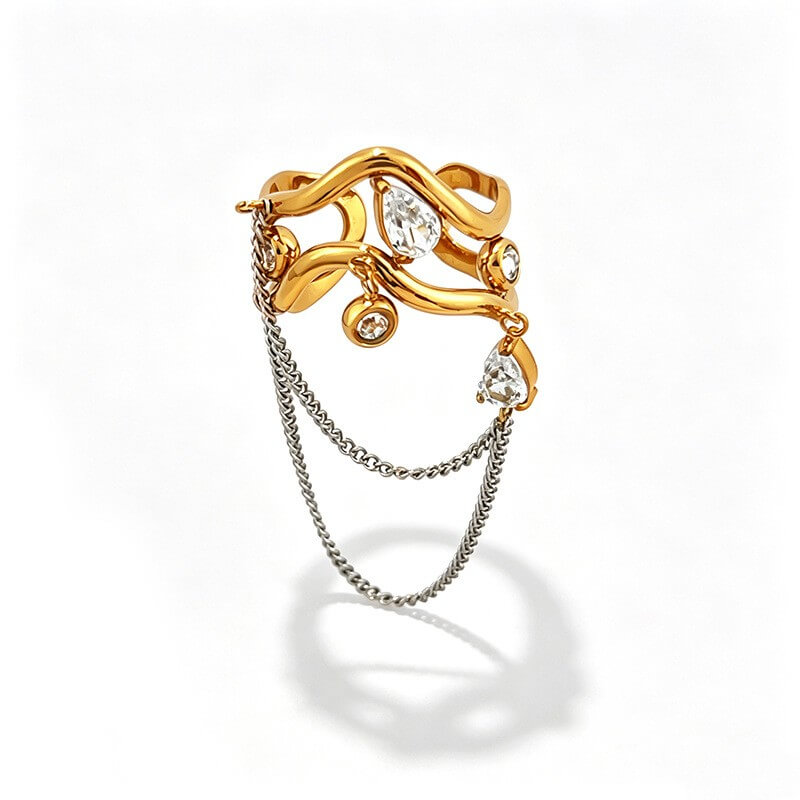 18K Gold Wavy CZ Dangle Chain Ring