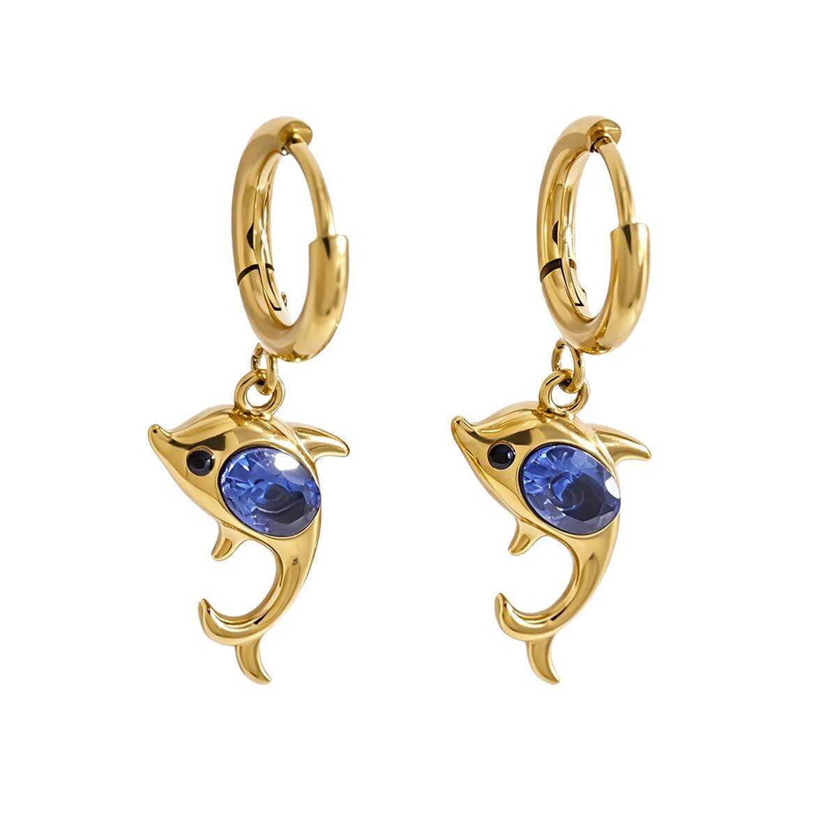 Blue Crystal Dolphin Huggie Hoop Earrings