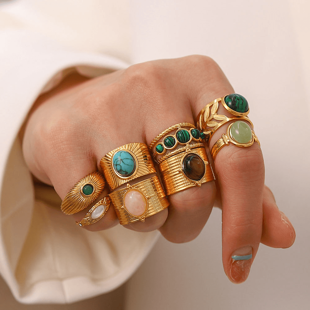 Vintage Natural Gemstone Textured Open Ring