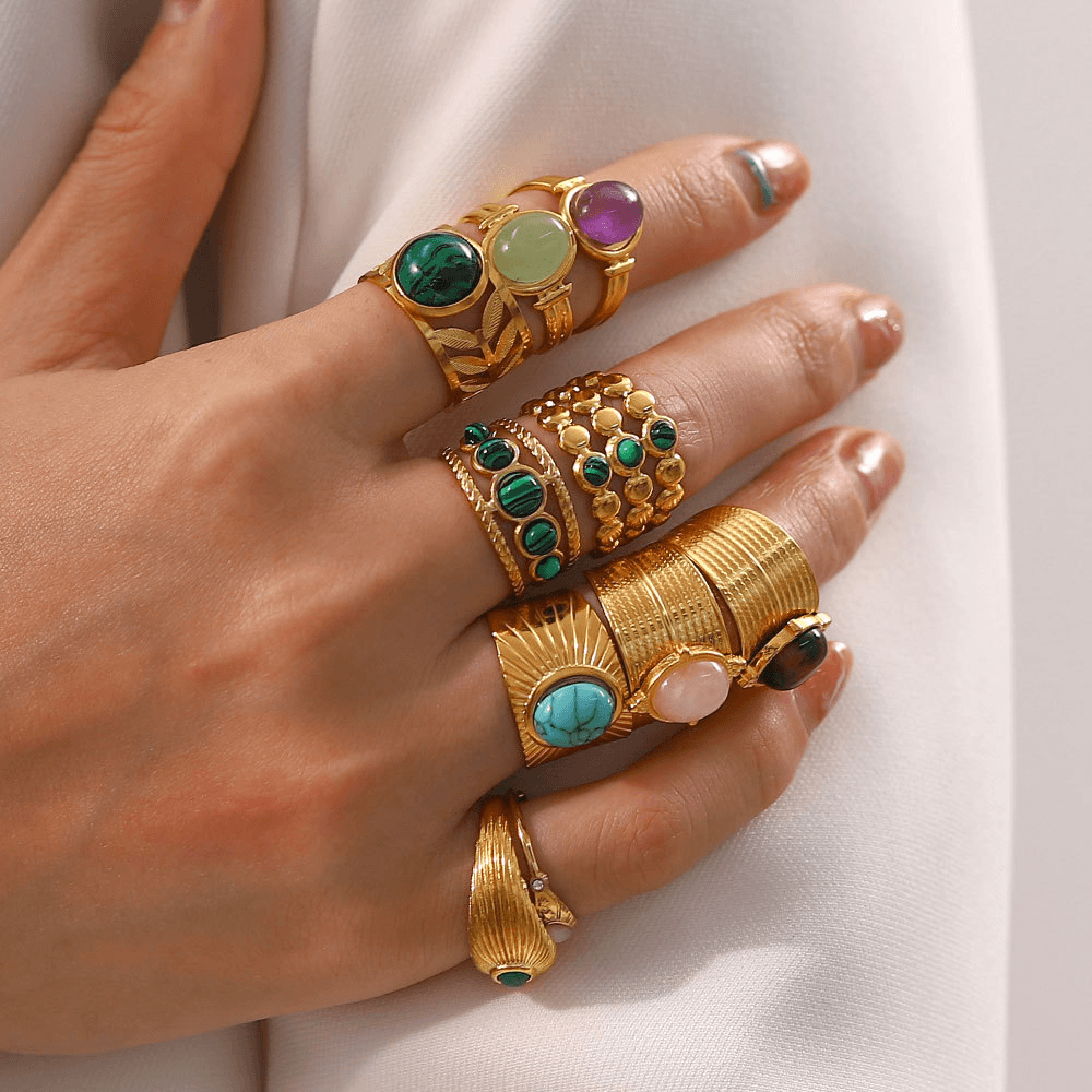 Vintage Natural Gemstone Textured Open Ring