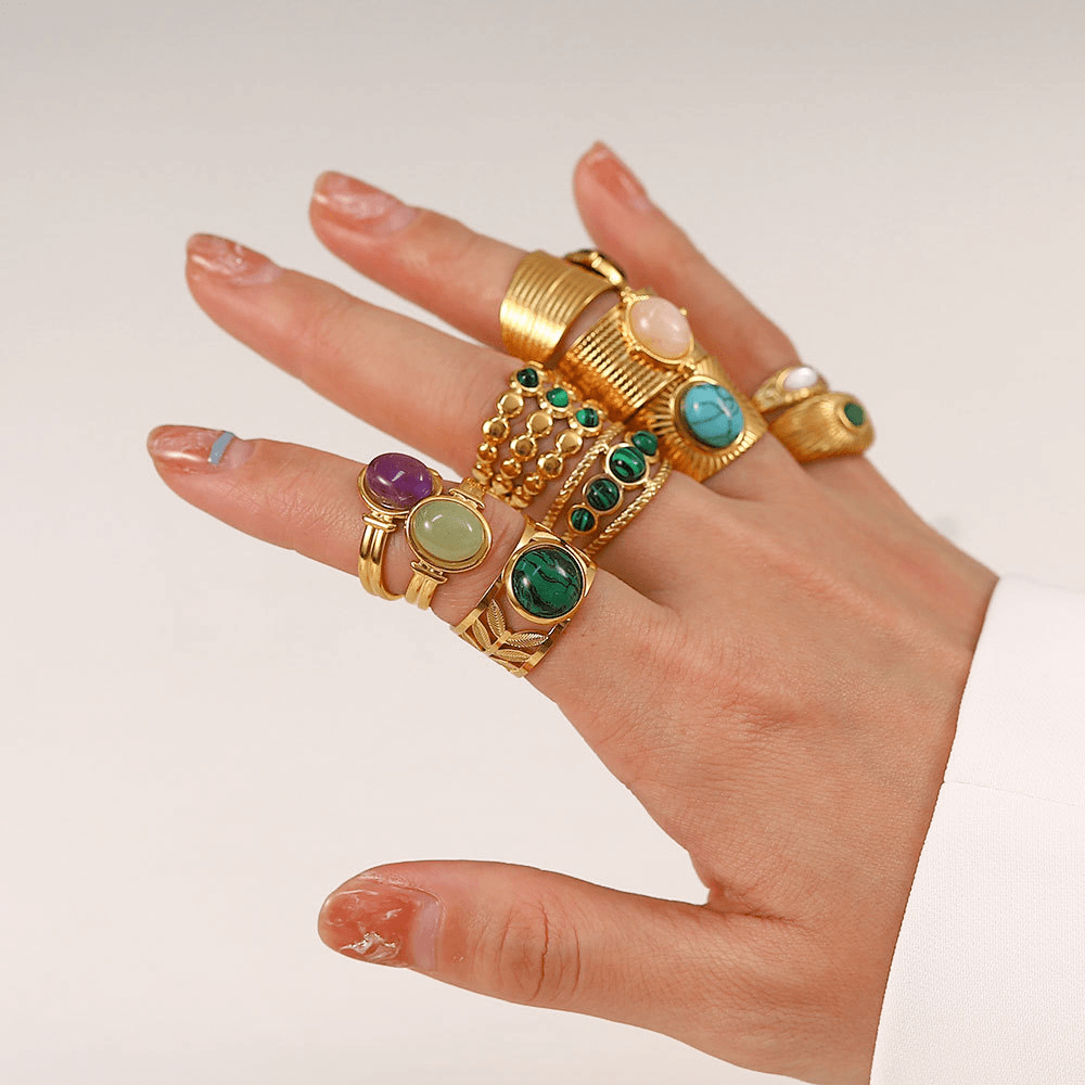 Vintage Natural Gemstone Textured Open Ring