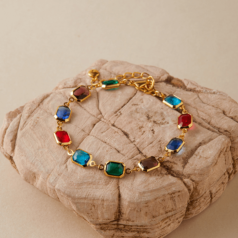 Colorful Crystal Charm Chain Brass Bracelet