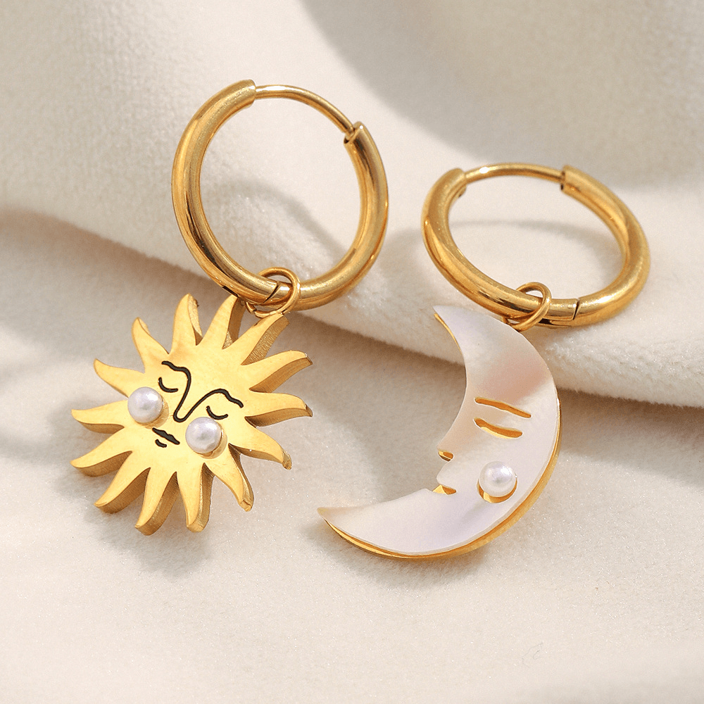 Asymmetric Sun and Moon Huggie Hoop Earrings