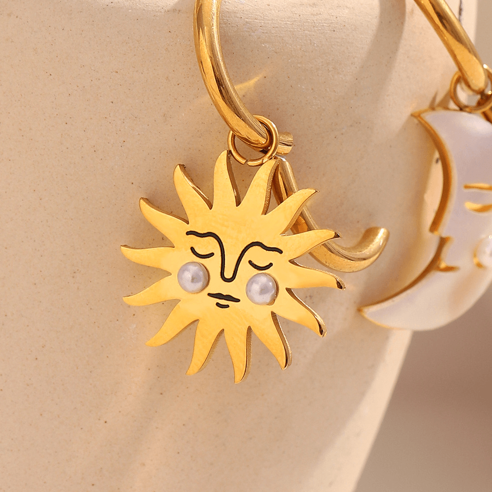 Asymmetric Sun and Moon Huggie Hoop Earrings