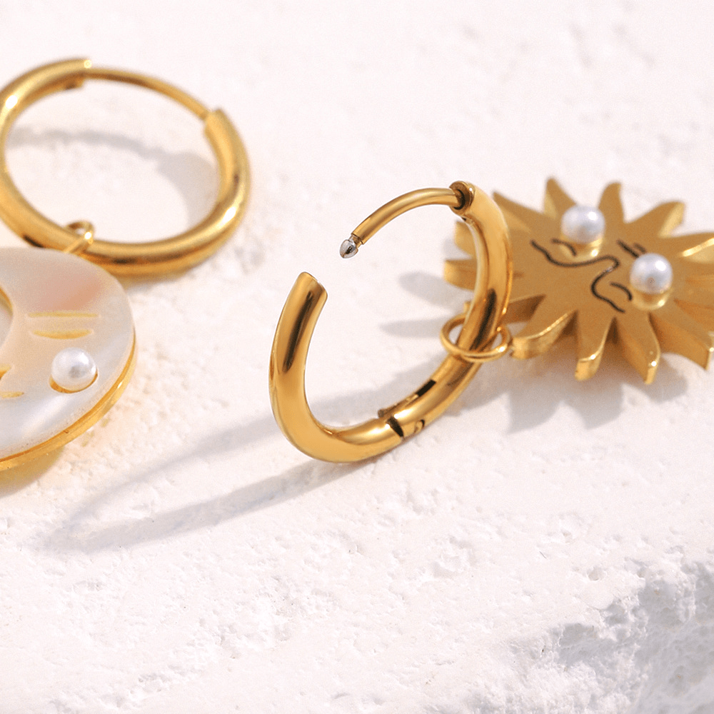 Asymmetric Sun and Moon Huggie Hoop Earrings