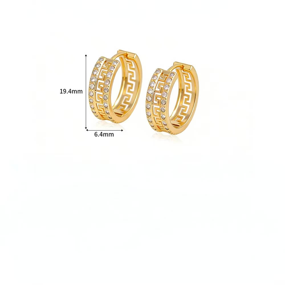 14K Gold Plated Brass Vintage Greek Key CZ Hoop Earrings