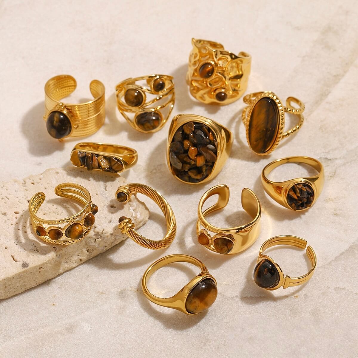 Natural Tiger's Eye Rings - 18K Gold Plated Stainless Steel
