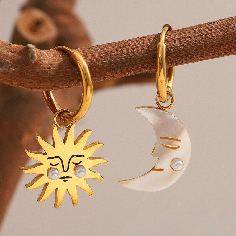 Asymmetric Sun and Moon Huggie Hoop Earrings
