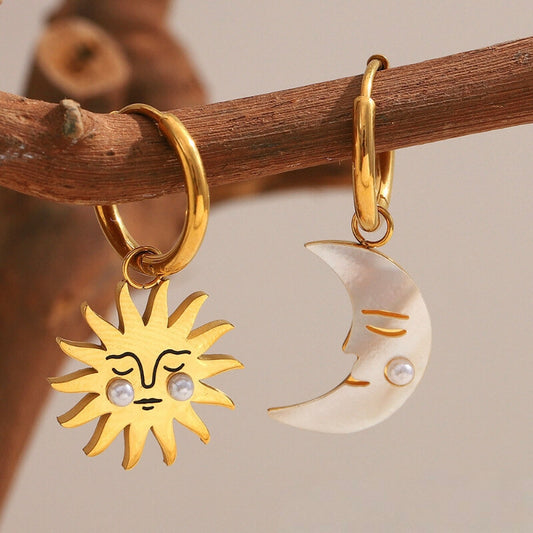 Asymmetric Sun and Moon Huggie Hoop Earrings
