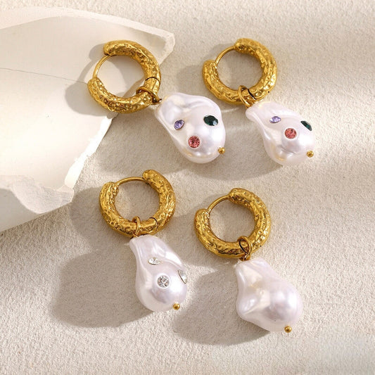 Baroque Pearl Drop Earrings with Inlaid Zircon
