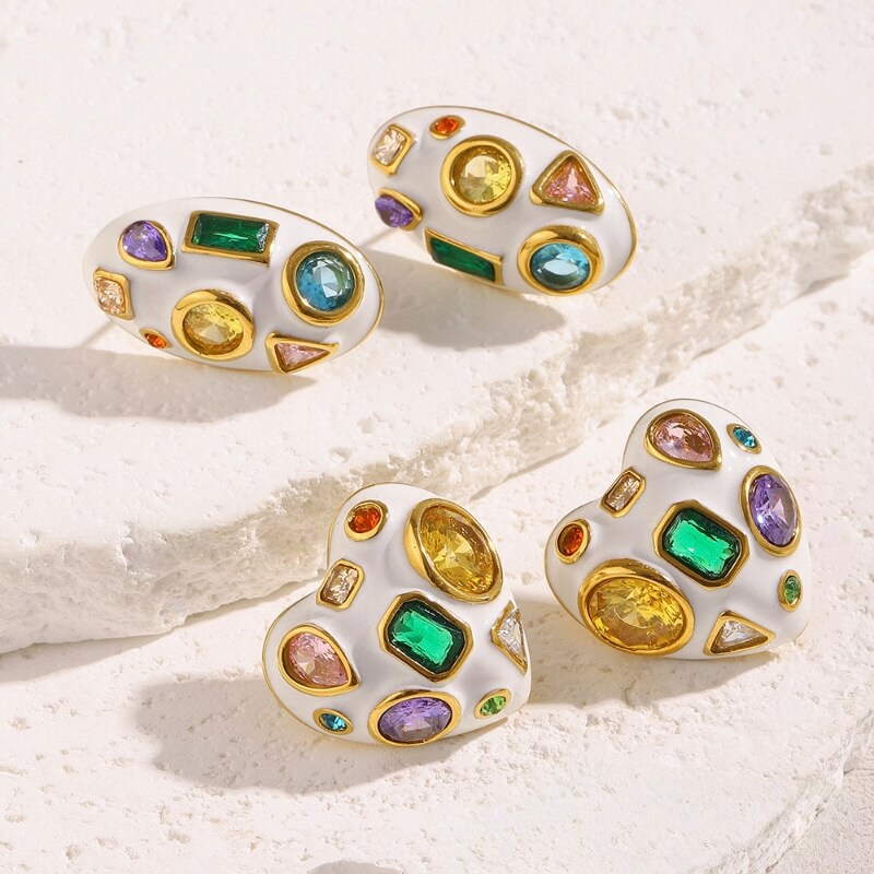 Colorful Zircon Enamel Chunky Stud Earrings