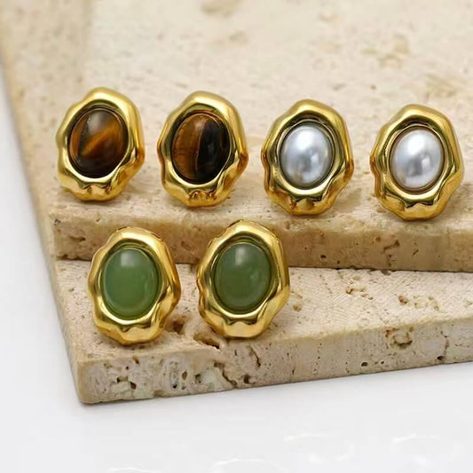 Waterproof Natural Gemstone & Pearl Molten Stud Earrings