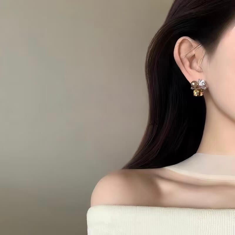 Geometric Cube Crystal & Pearl Cluster Stud Earrings