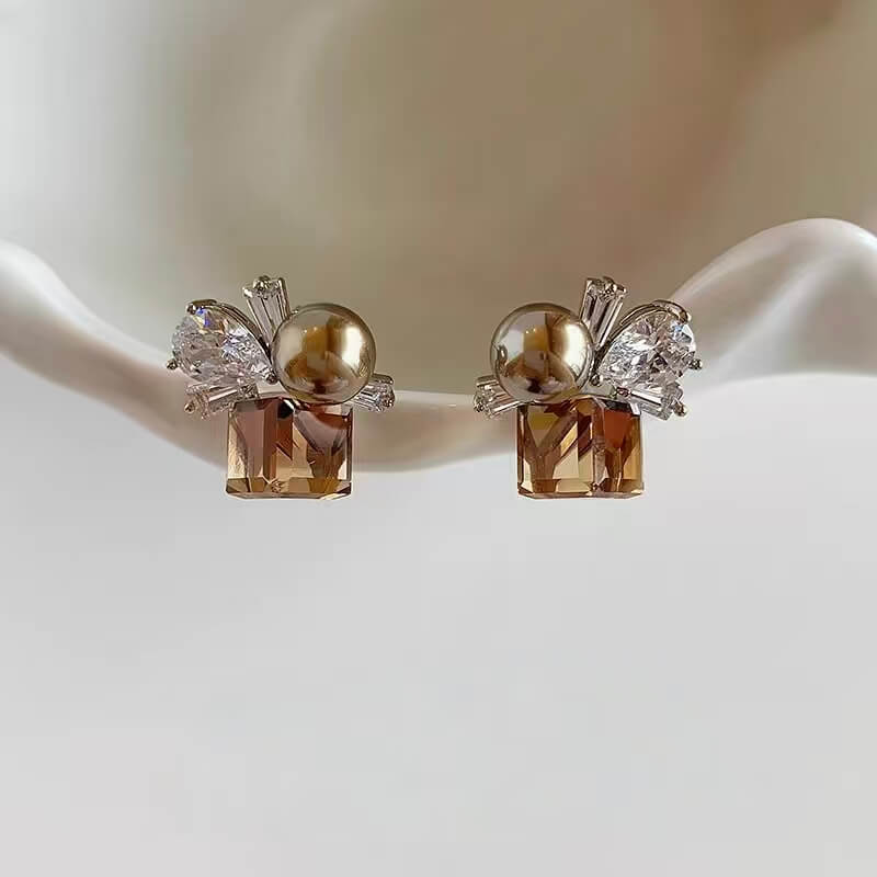 Geometric Cube Crystal & Pearl Cluster Stud Earrings