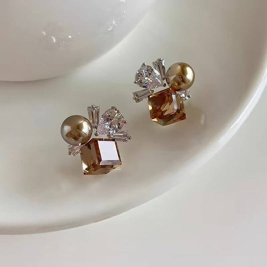 Geometric Cube Crystal & Pearl Cluster Stud Earrings