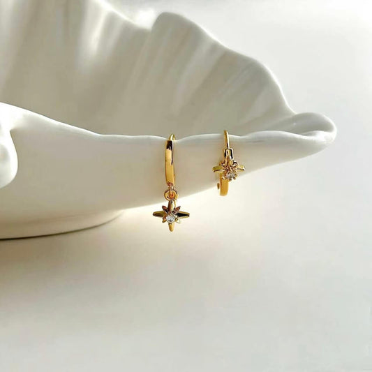 Asymmetric North Star CZ Dangle Huggie Earrings