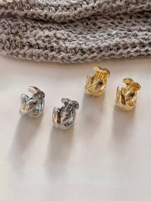 Twisted Cross Textured Chunky Huggie Hoop Earrings