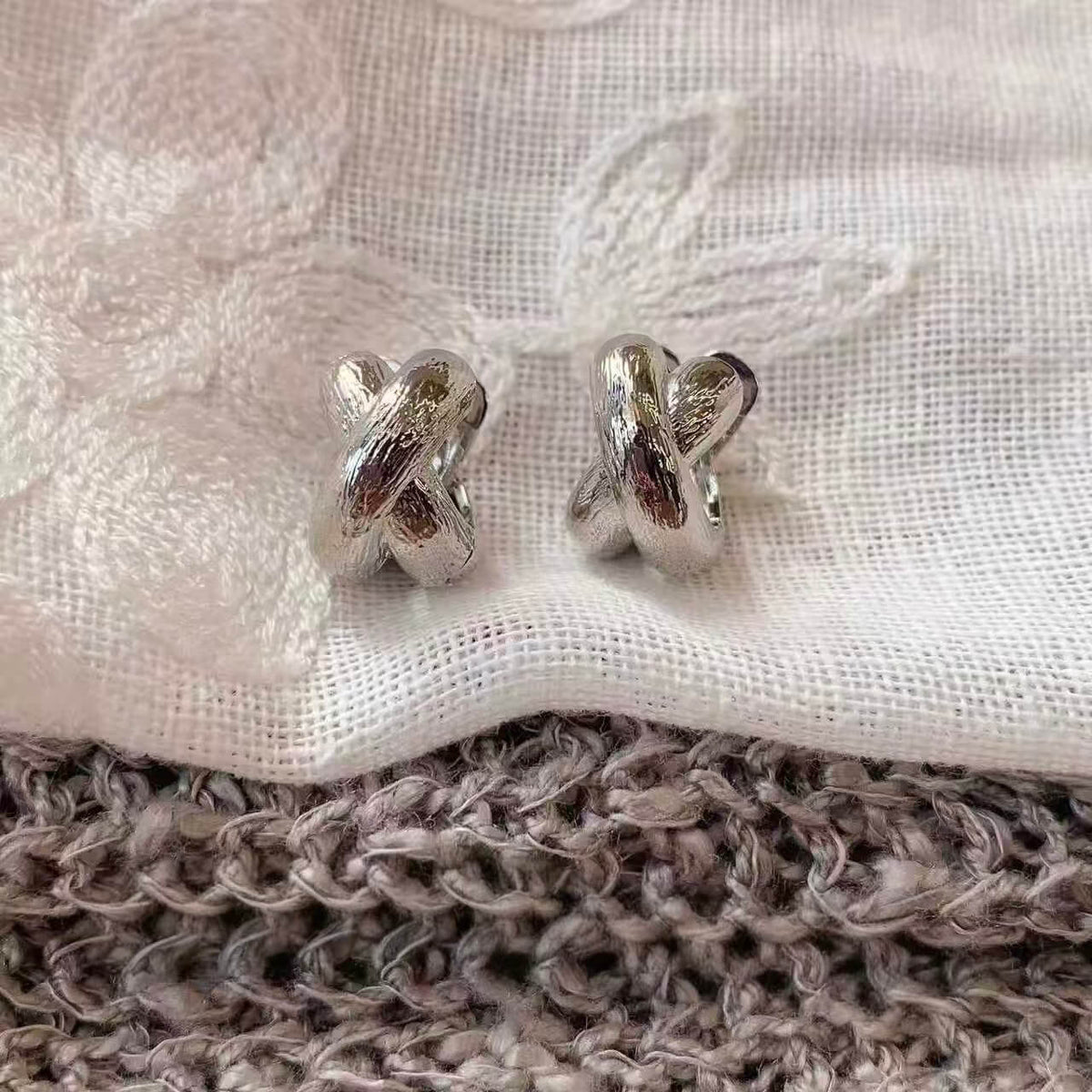 Twisted Cross Textured Chunky Huggie Hoop Earrings