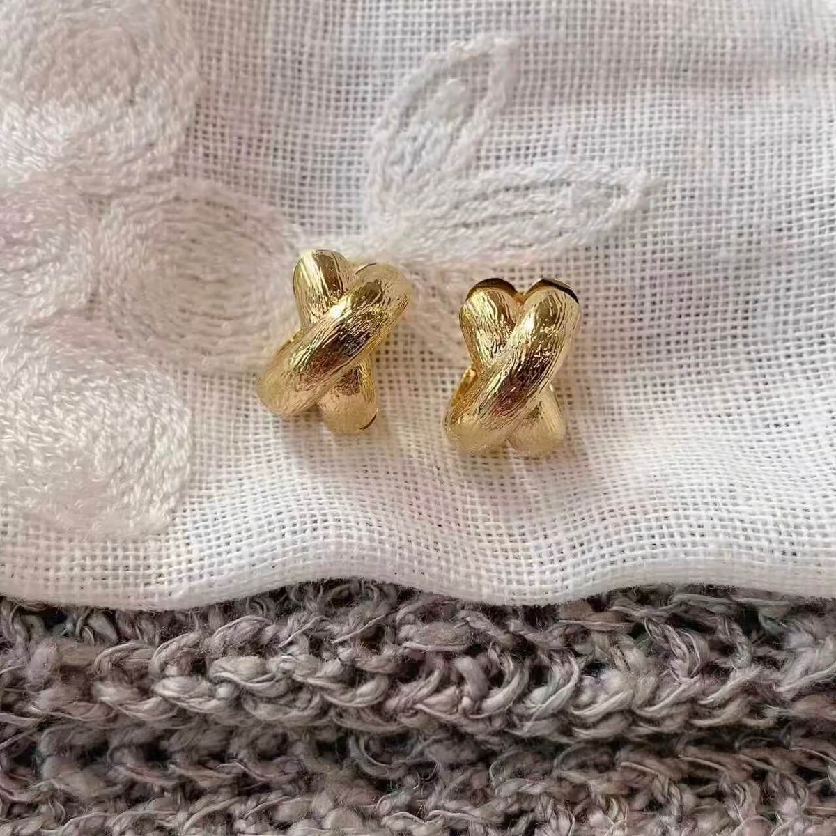 Twisted Cross Textured Chunky Huggie Hoop Earrings