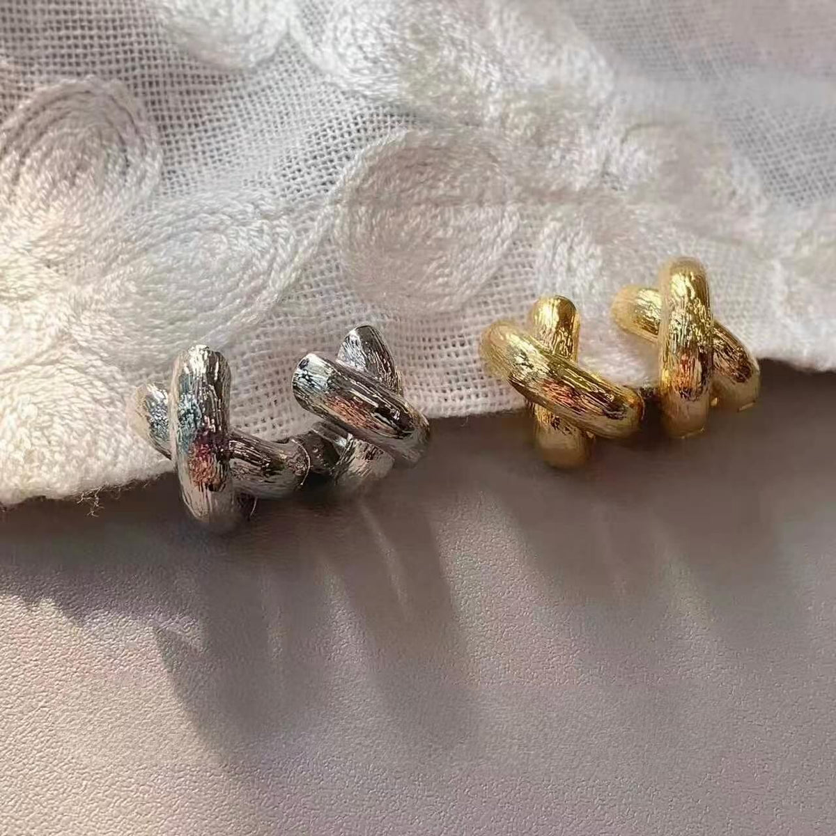 Twisted Cross Textured Chunky Huggie Hoop Earrings