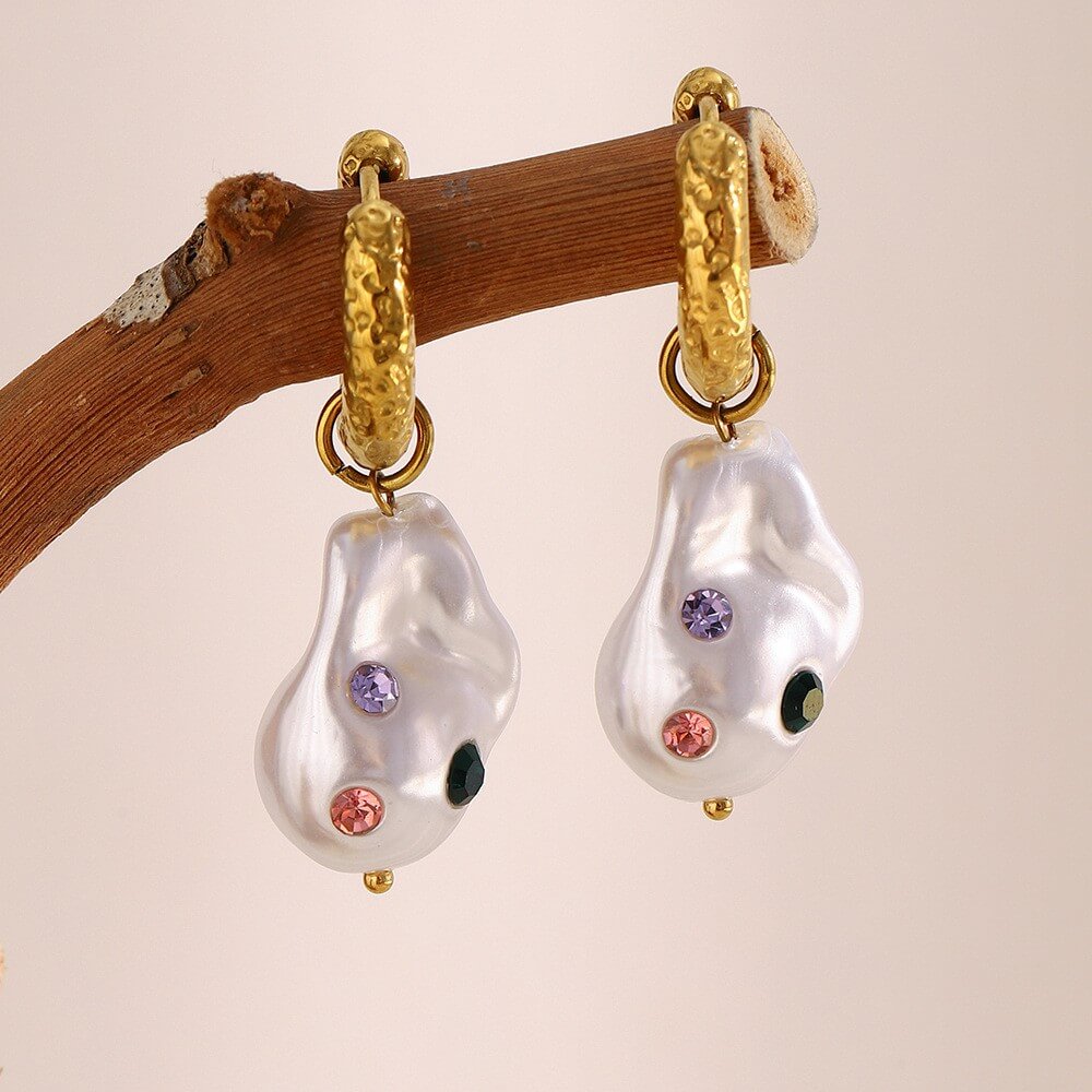 Baroque Pearl Drop Earrings with Inlaid Zircon