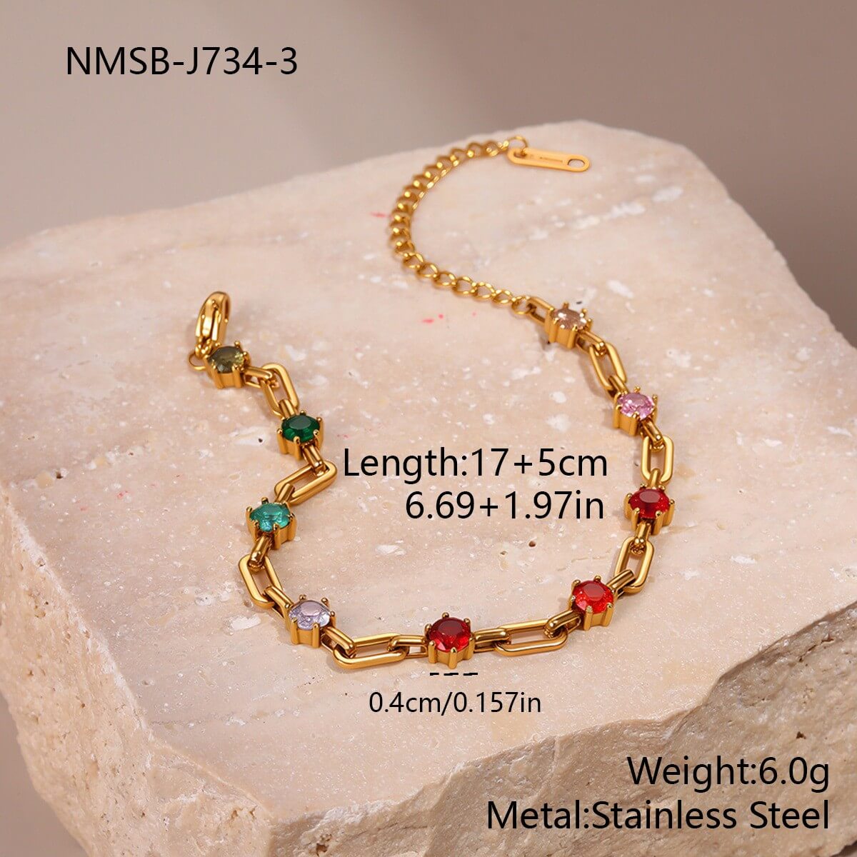 18K Gold Plated Colorful Zircon Stainless Steel Bracelet