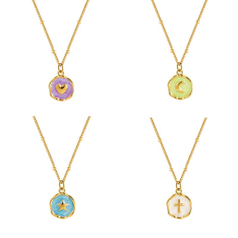18K Gold Plated Stainless Steel Enamel Coin Pendant Necklace