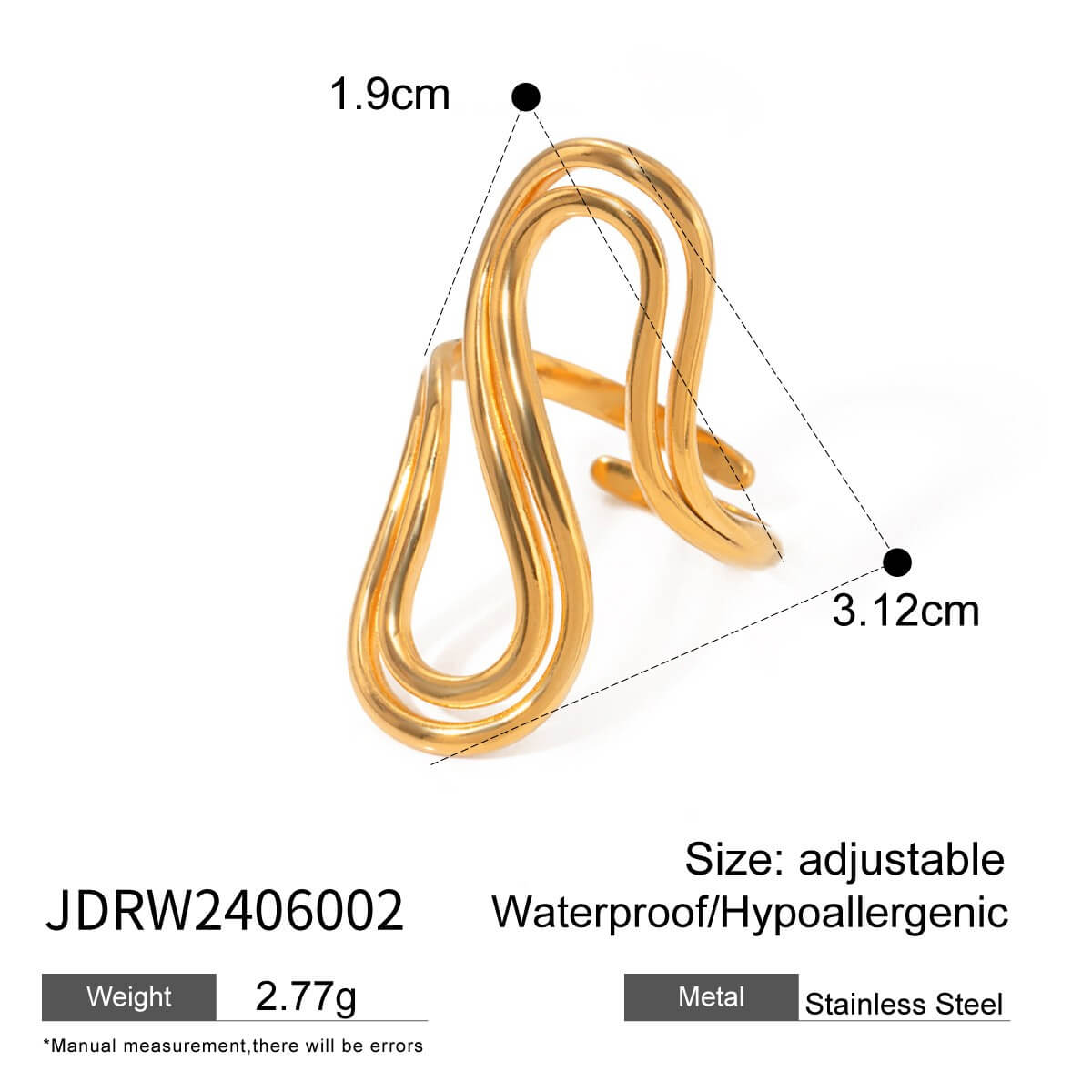 Waterproof Sculptural Wave Open Rings