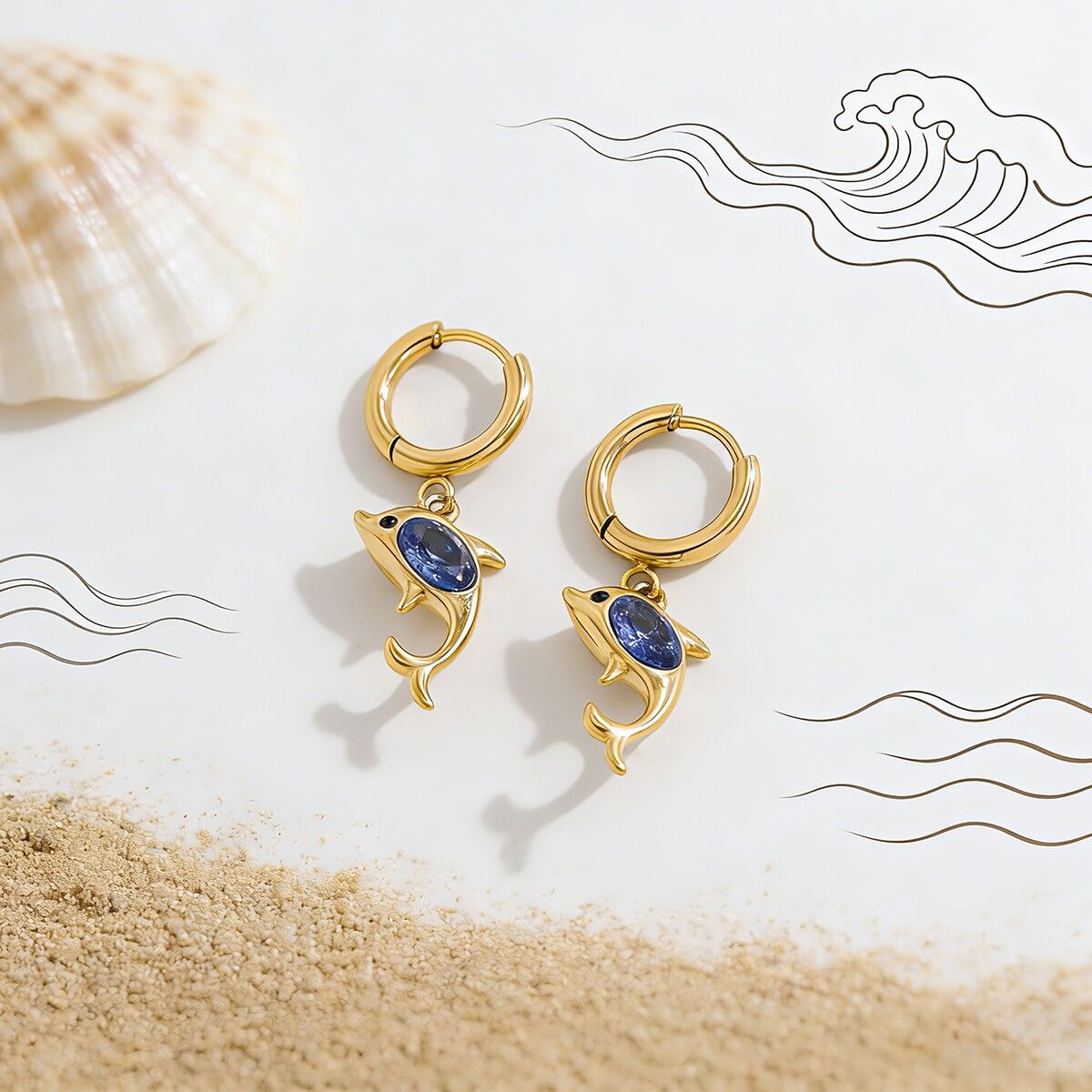 Blue Crystal Dolphin Huggie Hoop Earrings