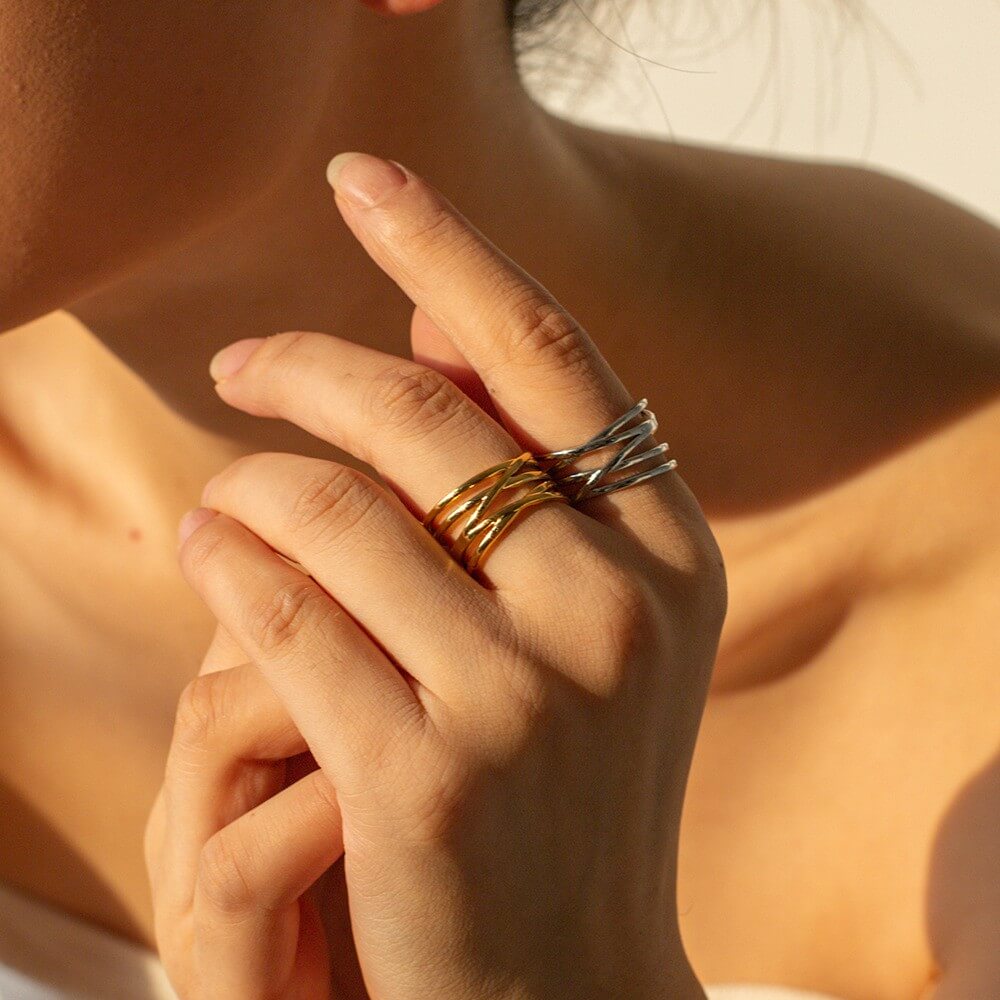 Waterproof Sculptural Wave Open Rings
