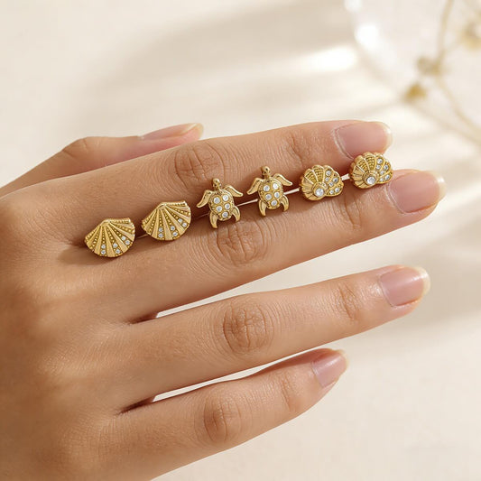 Ocean Crystal Shell & Sea Turtle Stud Earrings