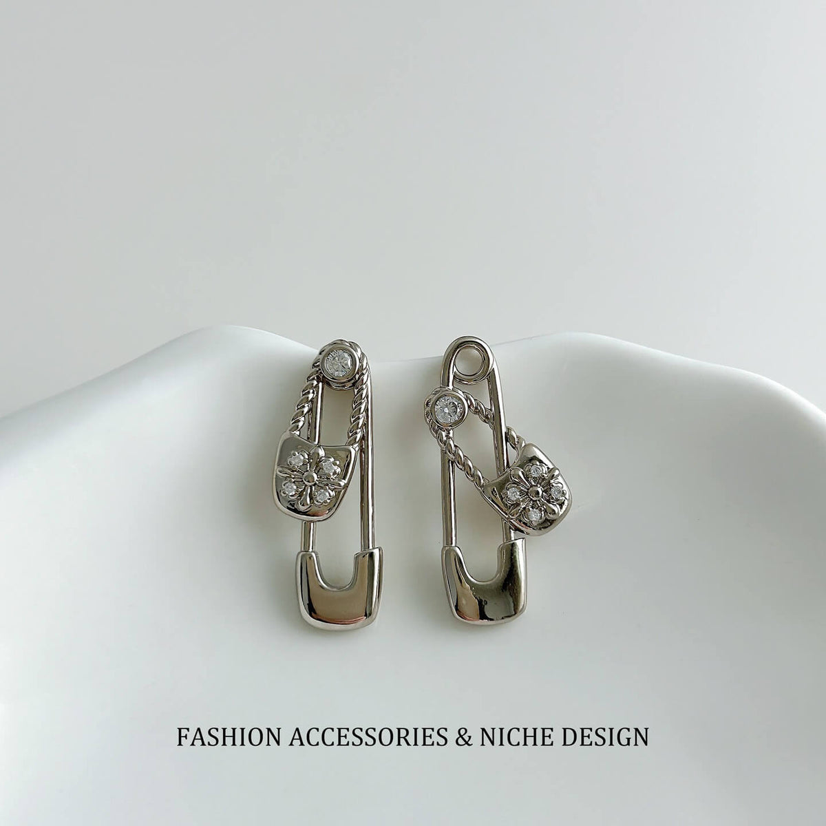 Punk Safety Pin Lock CZ Drop Stud Earrings