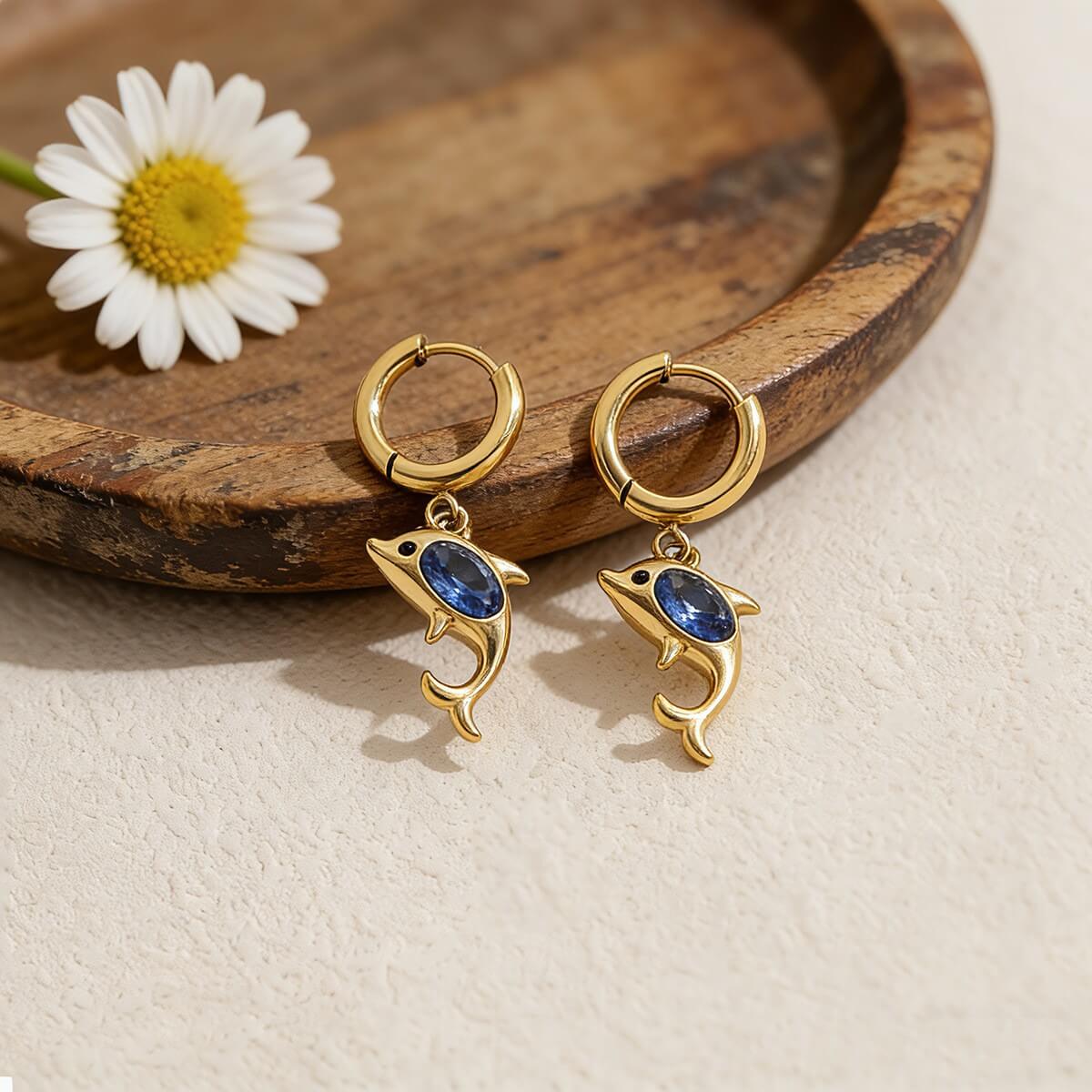 Blue Crystal Dolphin Huggie Hoop Earrings