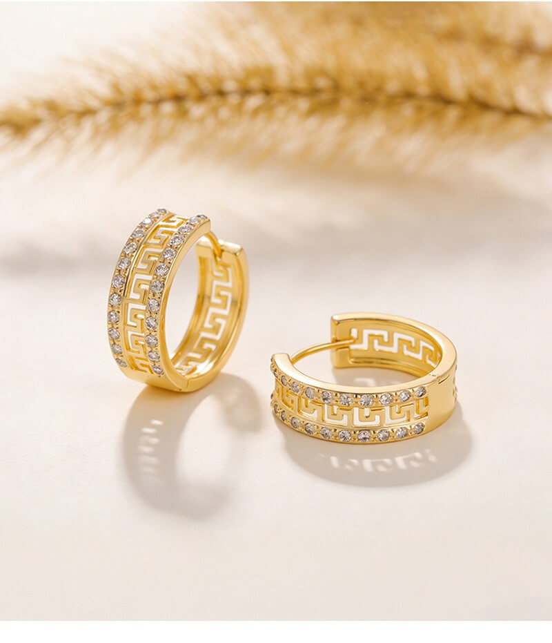 14K Gold Plated Brass Vintage Greek Key CZ Hoop Earrings