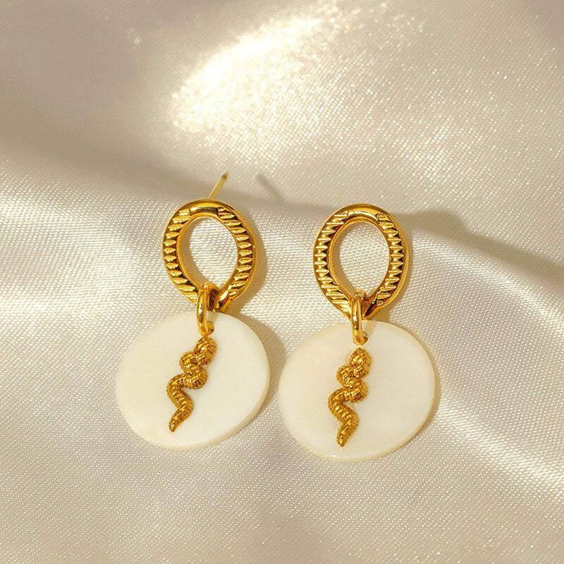 Waterproof Snake Shell Disc Drop Earrings