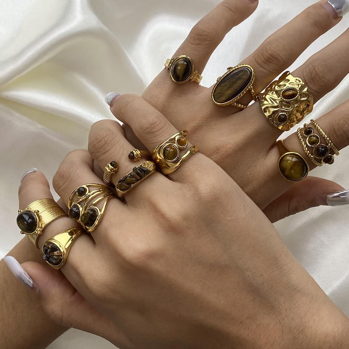 Natural Tiger's Eye Rings - 18K Gold Plated Stainless Steel