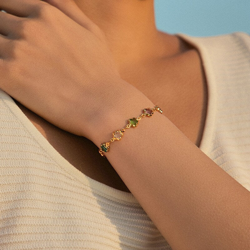 Colorful Crystal Charm Chain Brass Bracelet