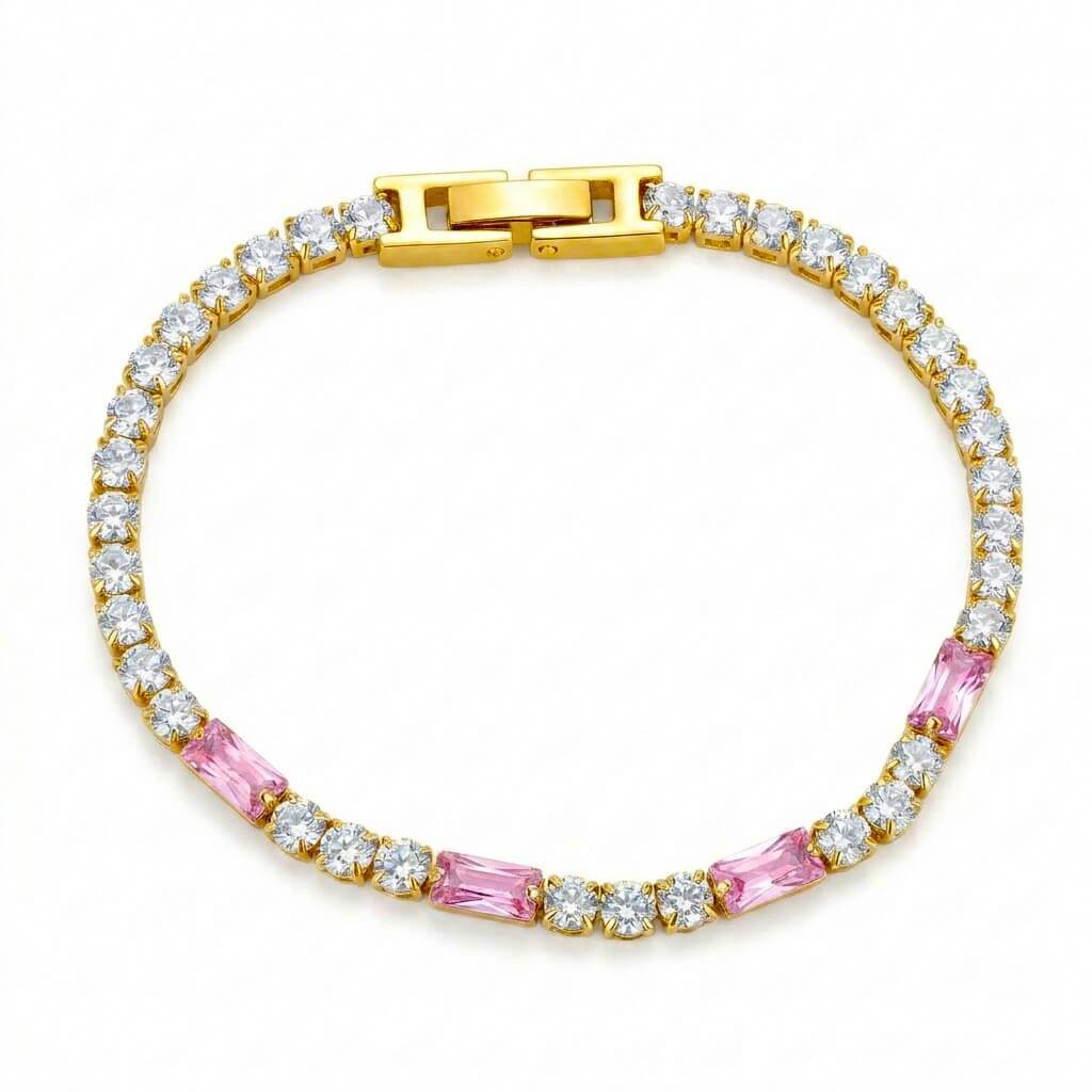 Waterproof Pink Baguette CZ Tennis Bracelet Chain