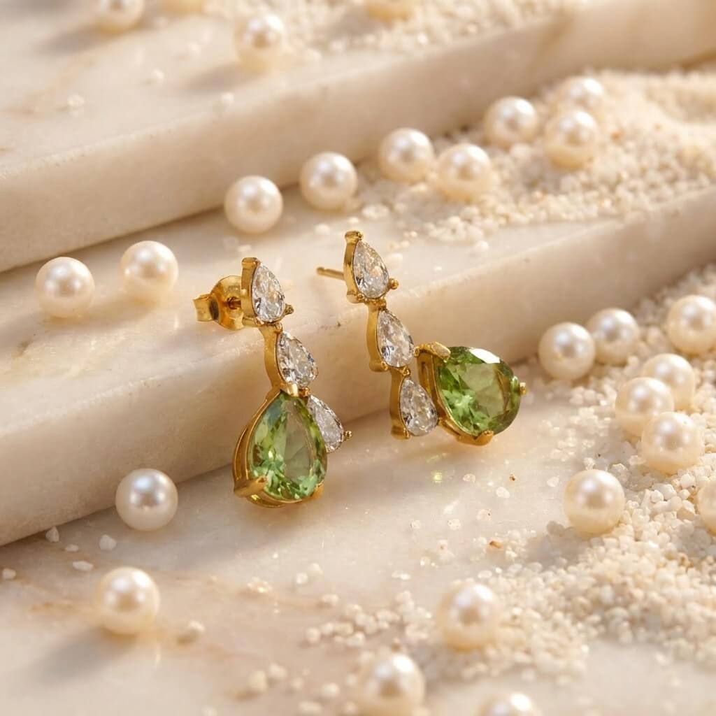 Teardrop Olive Green & Clear Cubic Zirconia Drop Studs