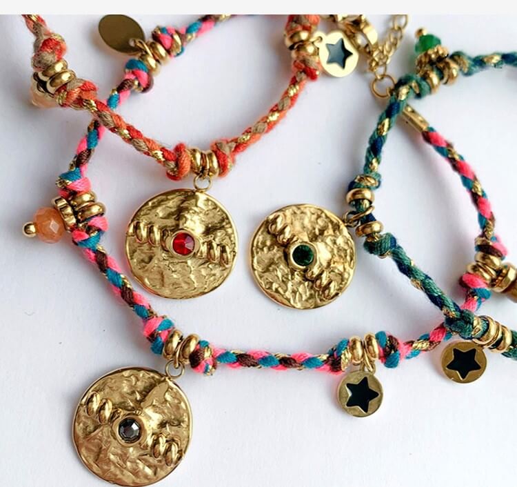 Boho Woven Coin Charm Bracelet