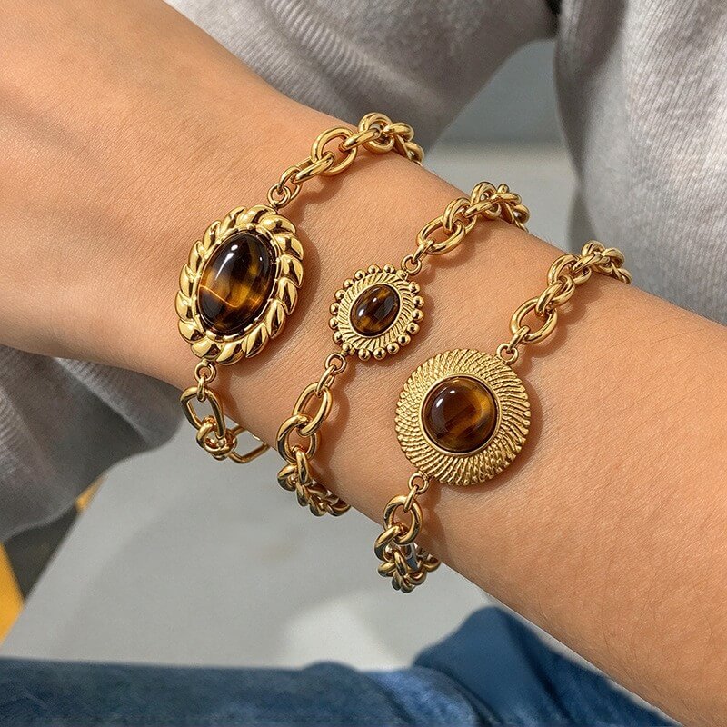 Waterproof Vintage Natural Tiger's Eye Medallion Bracelet
