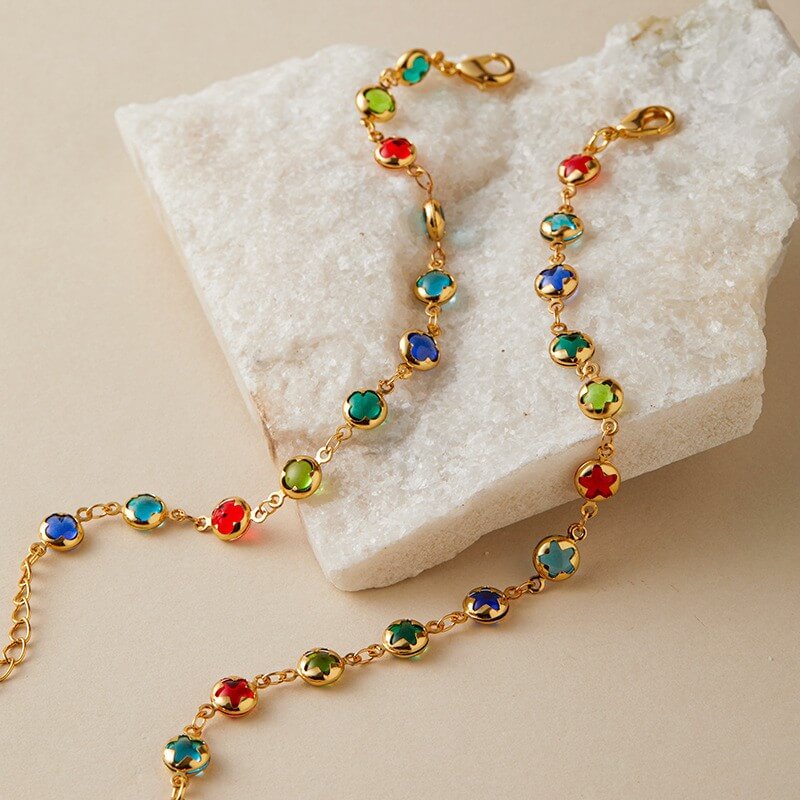 Colorful Crystal Charm Chain Brass Bracelet