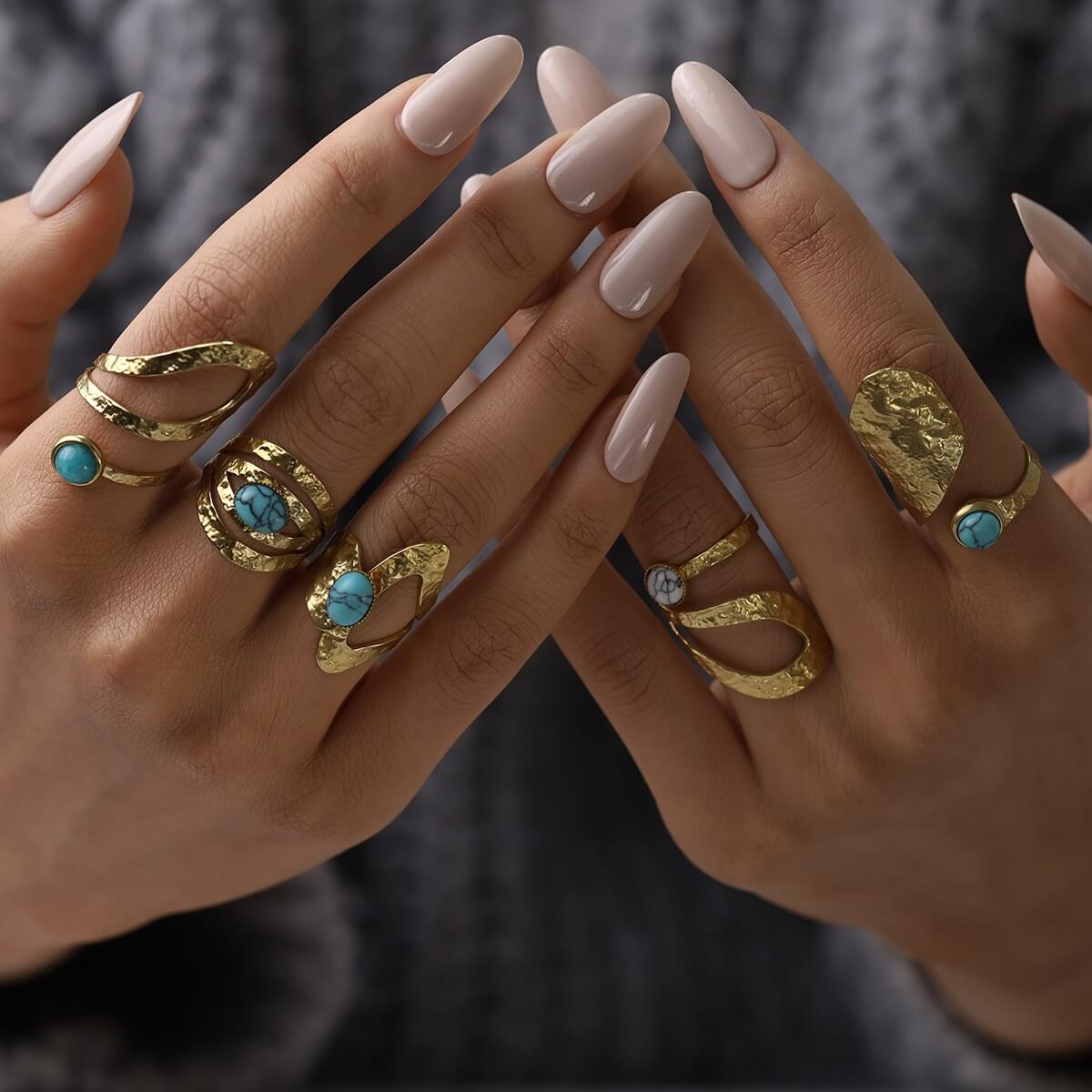 Boho Natural Stone Hammered Open Ring