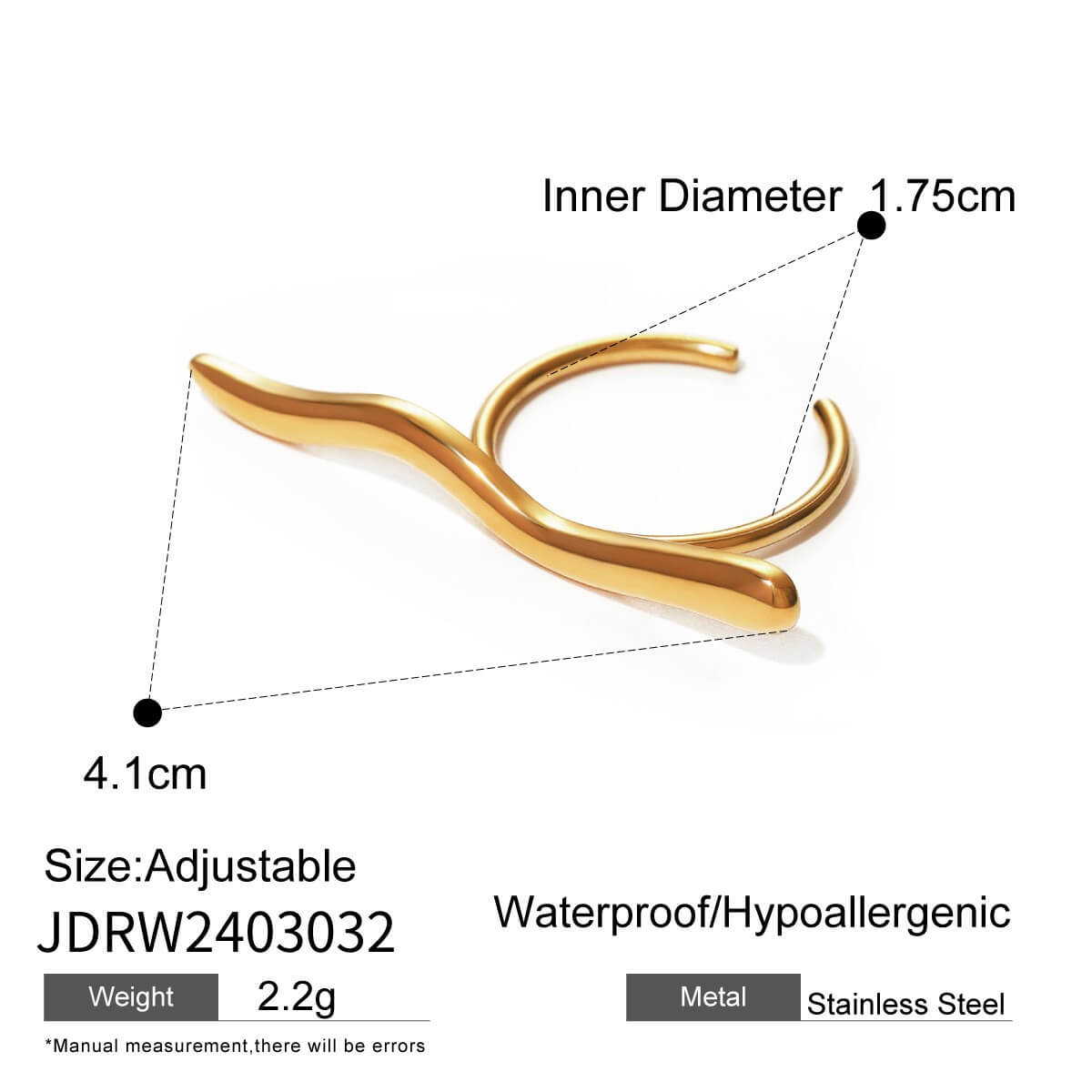 Waterproof Sculptural Wave Open Rings