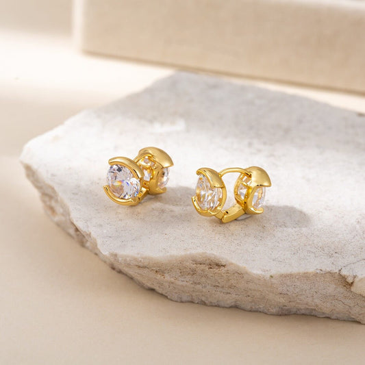 14K Gold Plated Brass Sparkling CZ Huggie Earrings