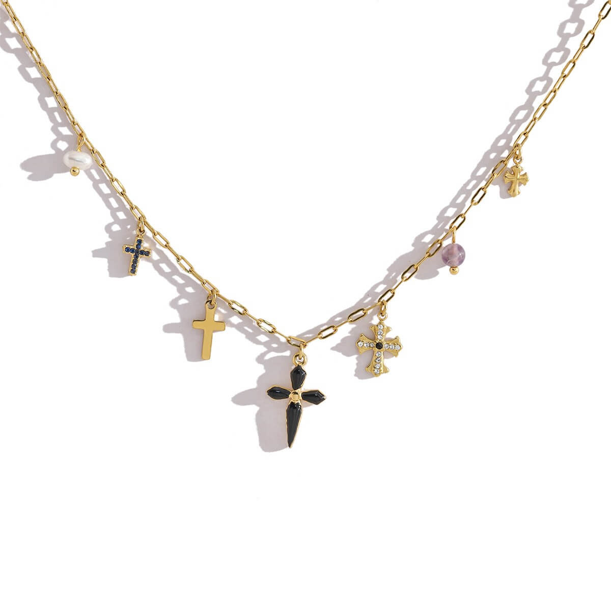 Vintage Multi Cross Charm Choker Necklace