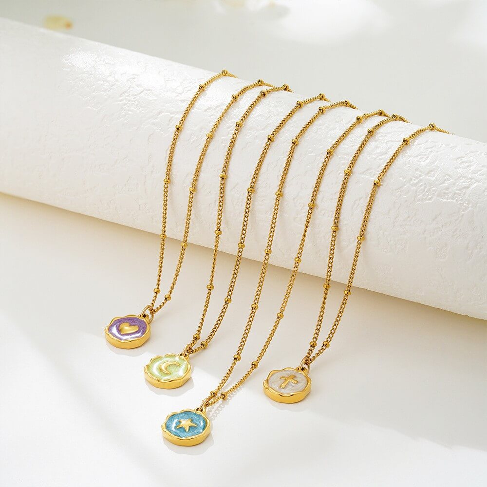 18K Gold Plated Stainless Steel Enamel Coin Pendant Necklace