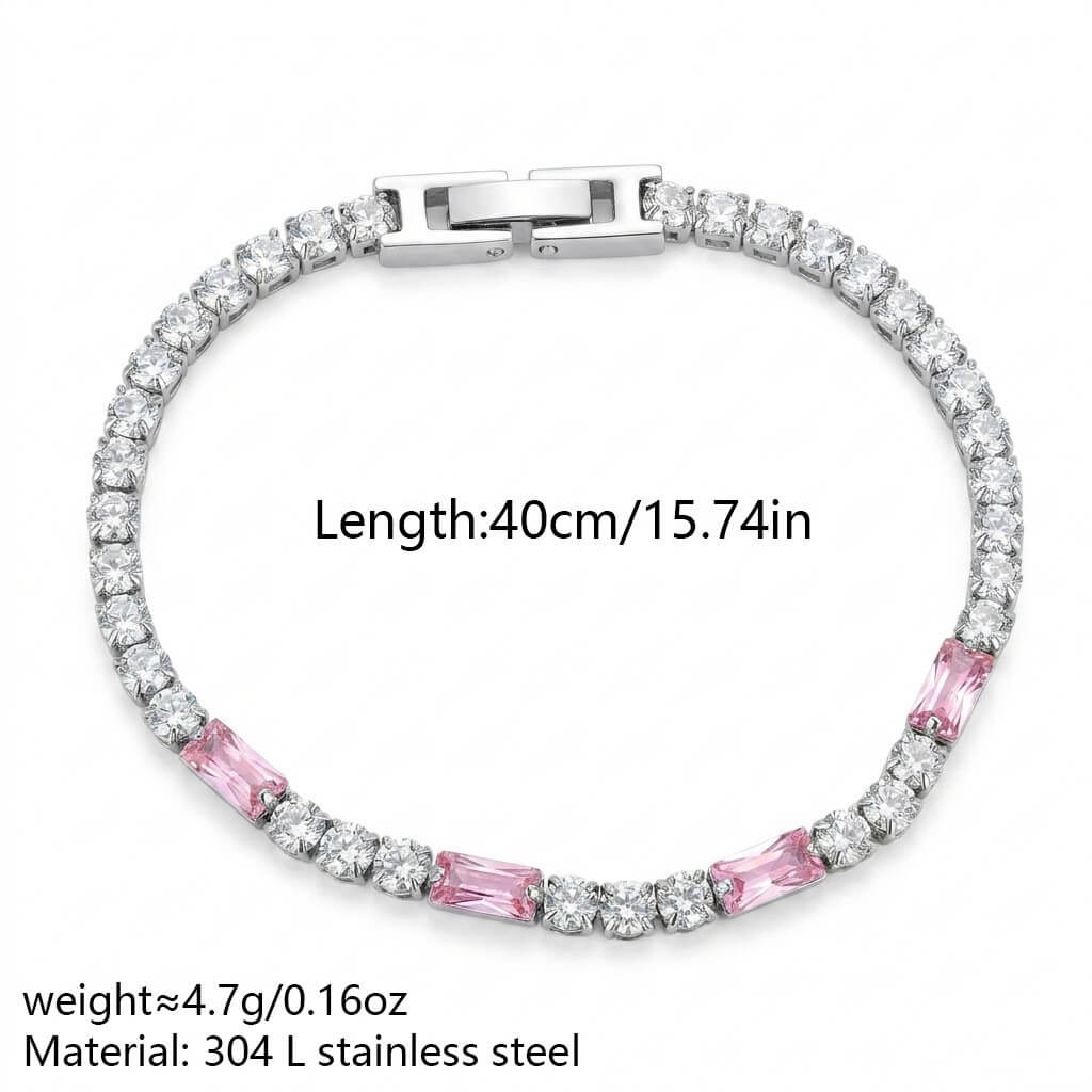 Waterproof Pink Baguette CZ Tennis Bracelet Chain